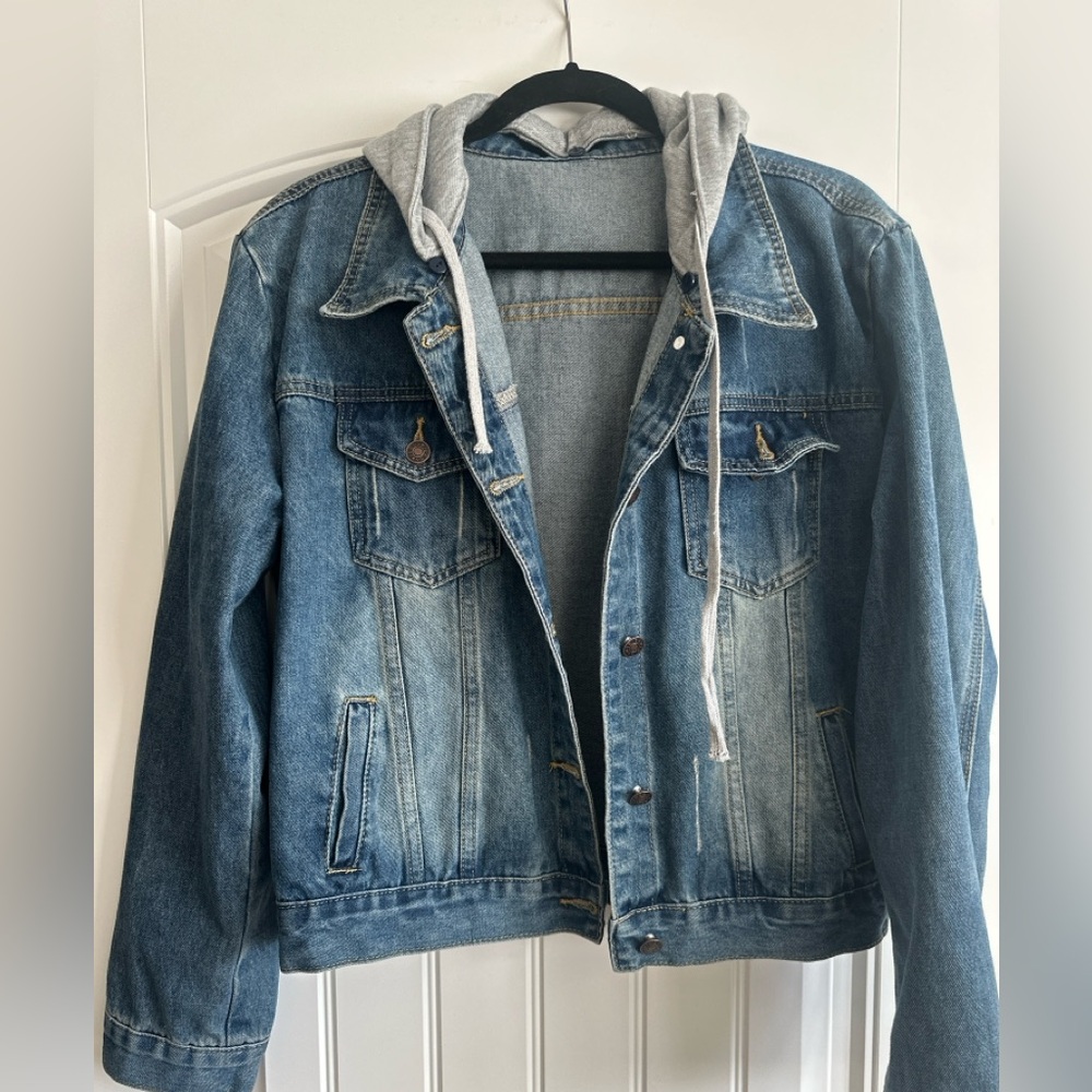 Women's Blue Denim Jean Jacket with (removable) Gray Hood